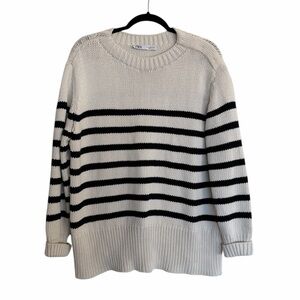 Zara Oversized Striped Chunky Knit Sweater Ivory and Black Cotton Blend